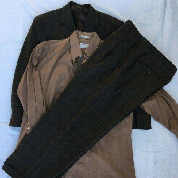 Brown Checkered Enzo Suit Virgin Wool 40R 30x30 Pant, Dress Shirt, Pocket Square - Picture 7 of 12